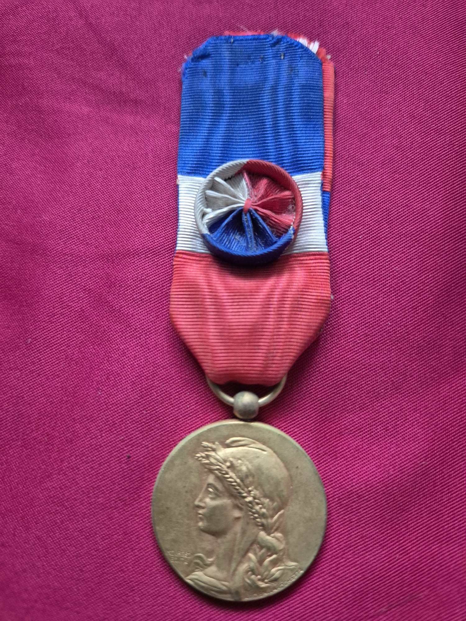 French Medal of Honor for Labor with tricolor ribbon and rosette.